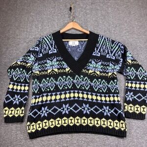 Vintage Spoiled Girls Sweater Womens Medium Black V-Neck Geometric Knit USA MADE